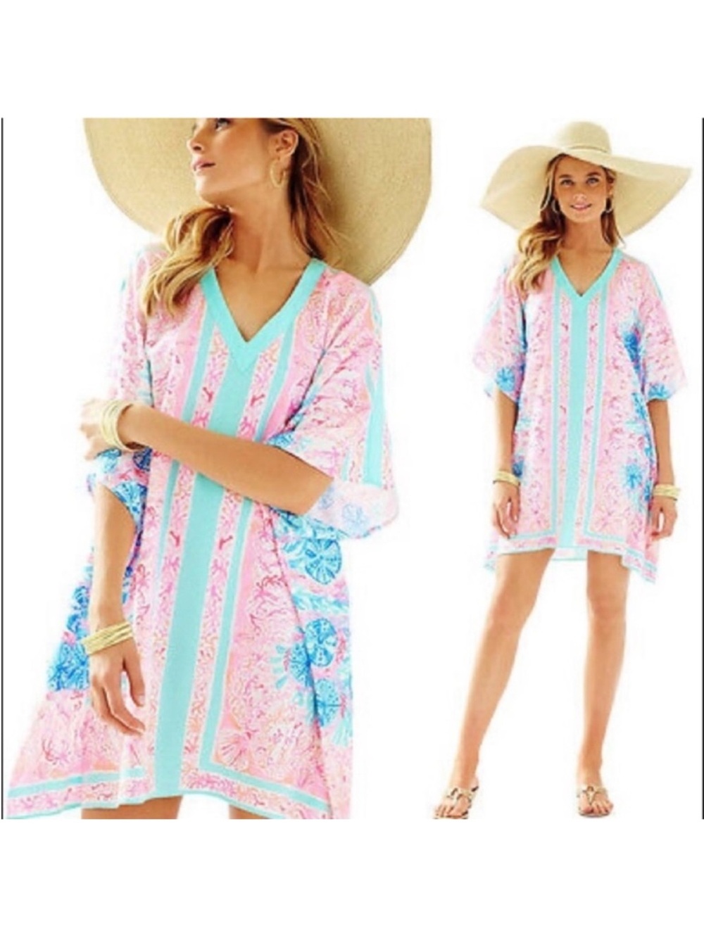 Lilly Pulitzer Pink & Aqua Floral V-Neck Mini Dress